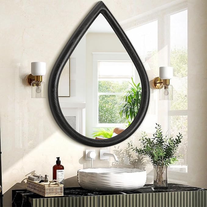 Teardrop Wall Mirror with Wood Frame Rustic Wall Mirror Black Farmhouse Unique Irregular Wall Hanging Mirrors for Bathroom Living Room Hallway Wall Decor