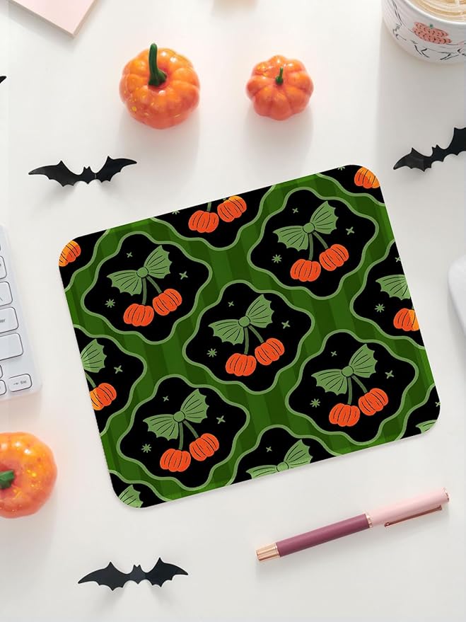 Seorsok Halloween Pumpkin Mouse Mat,Bow Ribbon Decor Mouse Pads for Office Laptop,Washable Square Cute Mousepads with Extended Stitched Edges Non Slip Rubber Base 9.5"x7.8"x0.12" Inch,Green