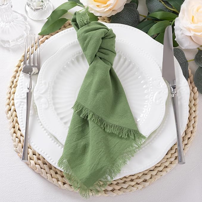 12 Pack Sage Green Cotton Linen Napkins with Fringe Spring Cloth Napkins Set of 12 Boho Handmade Dinner Napkins Bulk for Wedding Bridal Baby Shower Valentine's Day, 17 x 17 Inches