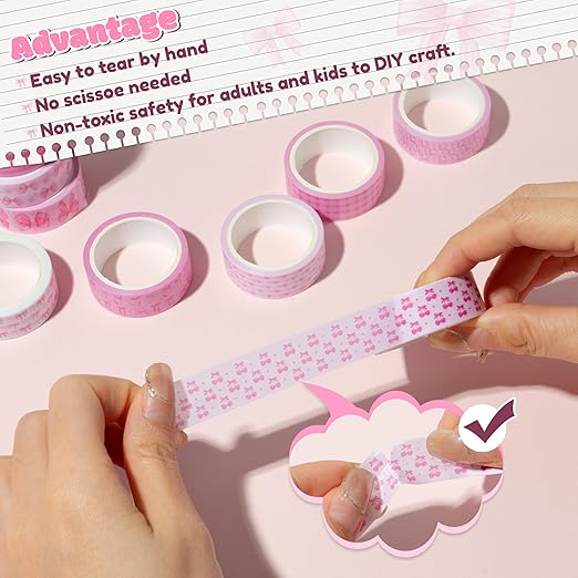12pcs Coquette Pink Washi Tape, Trendy Watercolor Pink Bow Cherry Preppy Aesthetic Decorative Tape, Cute Bowknot Heart Buffalo Plaid Artistic Tape for DIY Craft Scrapbook Wrapping Decor