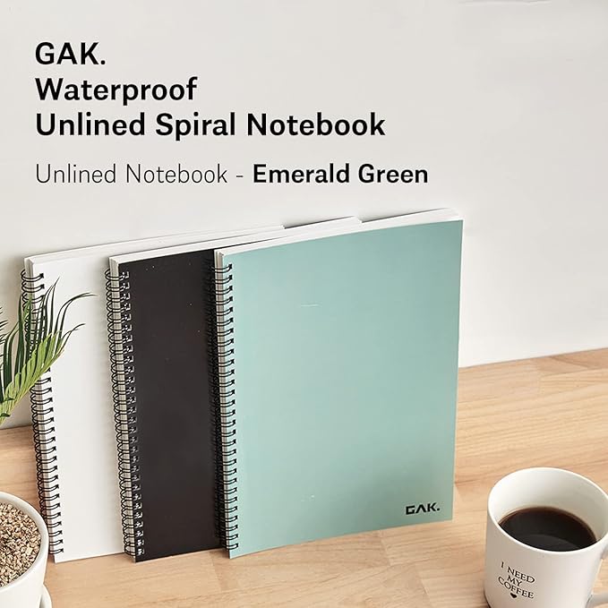 GAK. Stone Paper Notebook | No Lines Spiral Notebook Waterproof Sheet Aesthetic Journal for Note Taking | Notebooks for Work & Aesthetic School Supplies | Large Size, Green (7.2”x10.1”, 50 sheets)