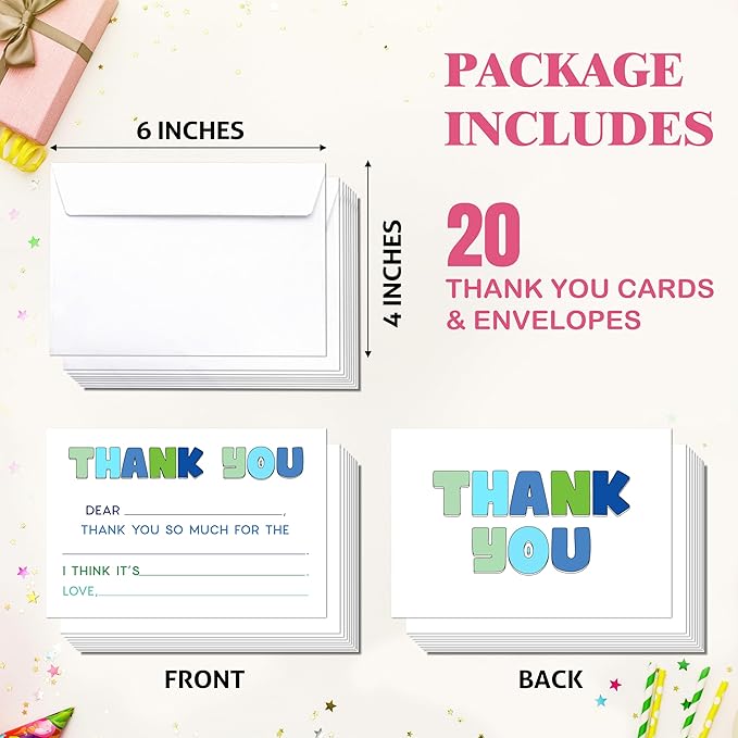 Blue Kids Thank You Cards, Minimalist Thank You Card For Baby Shower Birthday Party, Kids Birthday Cards Fill In The Blank, 20 Pack Cute Greeting Cards With Envelopes For Boys And Girls, 009