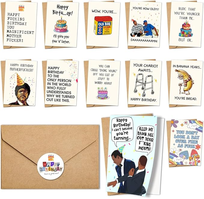 Funny Birthday Cards for Adults – Hilarious Greeting Card Set with Envelopes & Stickers – Sarcastic, Offensive Humor for Friends, Coworkers, Him, Her – 12 Pack (Birthday Funny)