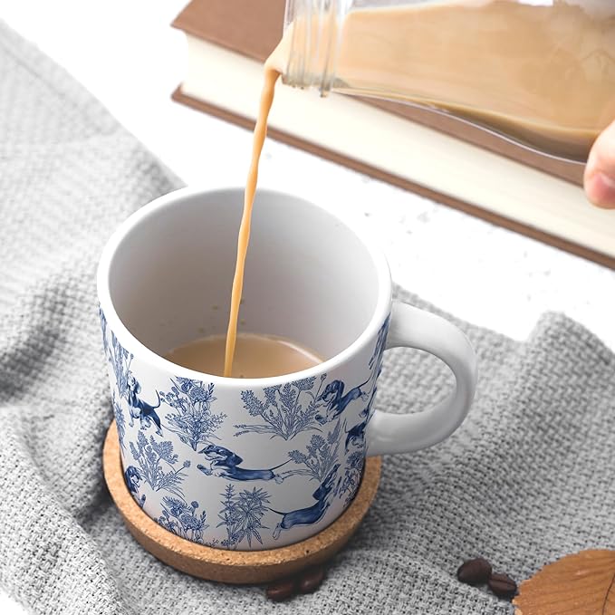 Dachshund Blue French Toile Coffee Mug, Dachshund Lover Gifts for Women, Blue Toile Coffee Cup for Weiner Mom, Dog Lovers Tea Coffee Mug Birthday Gifts for Sausage Dog Owners, 15 oz