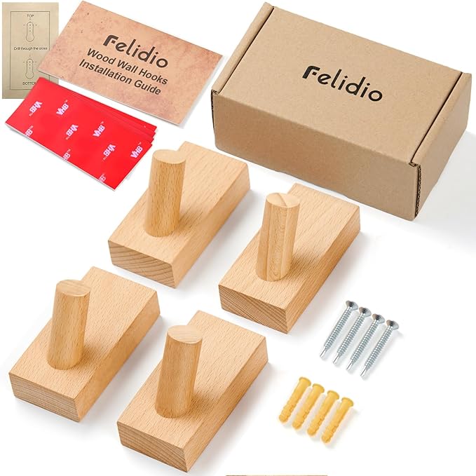 Natural Wooden Wall Hooks, Adhesive & Screw Mount Coat and Towel Hooks - Decorative Key Holder, Hat Rack, Stocking Wall Hangers for Bathroom Entryway Closet - 4 Pack, Beech Wood