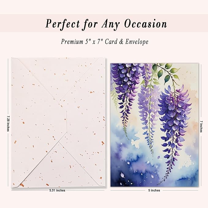 5x7 Inch Blank Inside Greeting Card with Envelope, Watercolor Wisteria Greeting Card for All Occasion – Birthday, Sympathy, Thank You - Single Card