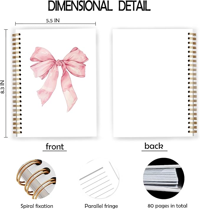 Coquette Pink Bow Notebook, Pink Preppy Spiral Notebook 5.5x8.3, Girly Aesthetic Journal for Women, Coquette Girly Office Supplies, Preppy Gifts for Women, Spiral Journal