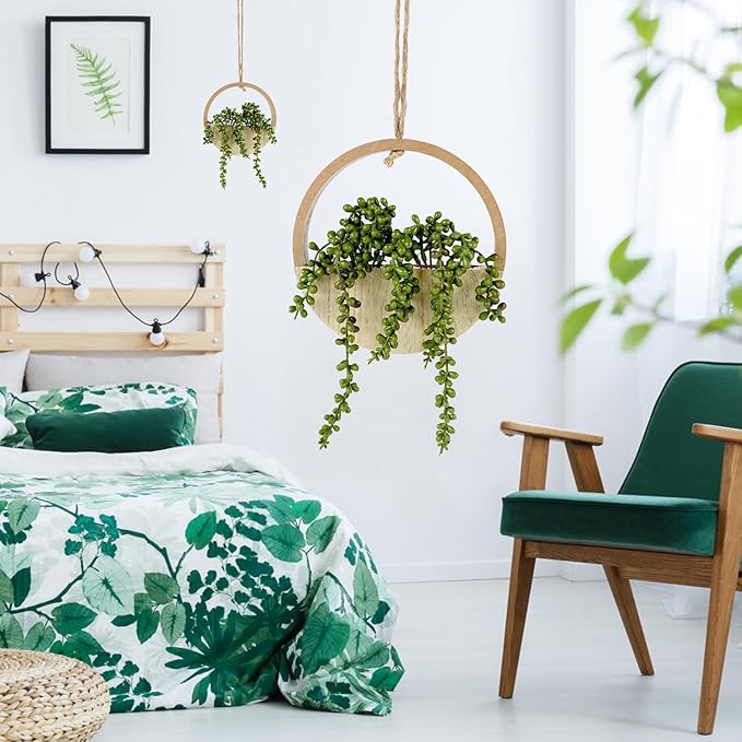 2PCS 12.2" Fake Hanging Plant, Succulent Wall Decor, Fake Plants Decor, String of Pearls in Pot with 8.3" Lanyard for House Indoor Outdoor Bedroom Wall Decor Aesthetic (Wooden)