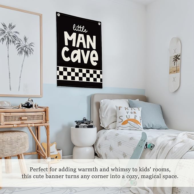 Boys Room Decor,Little Man Cave Sign for boys,Little Man Cave Linen Canvas Banner,Kids Room Wall Hanging Flag Banner, Adventure Nursery Sign for Baby and Kids, Playroom Wall Hanging Flag 18x25 Inch