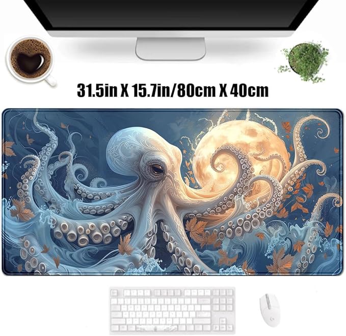 White Octopus Moon Gaming Mouse Pad Xl-31.5x15.7in- Octopi Desk Mat- Blue Extended Aesthetic Keyboard Mouse Pad, Gamer Gifts, Gift for Him/Her