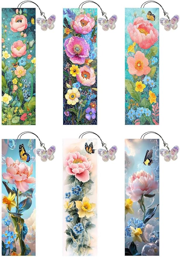 Puraikcmi 6 PCS 5D DIY Diamond Art Bookmarks,Butterflies and Flowers Diamond Painting Bookmarks Kits with Tassels Acrylic, Rhinestone Crafts Decoration Gift Set for Book Lovers Beginners & Adults
