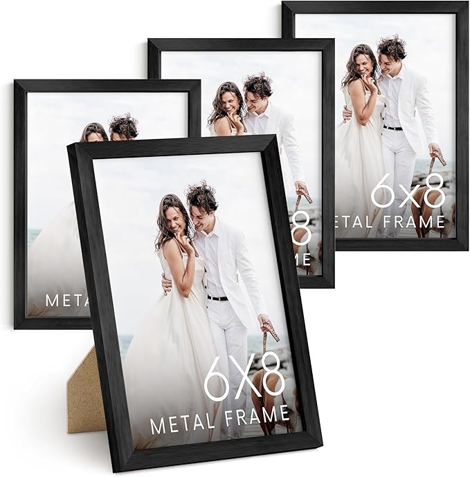 HAUS AND HUES Premium Aluminum 6x8 Black Picture Frames - Set of 4 with Vertical Hanging and Easel Back for Tabletop, Home, Office