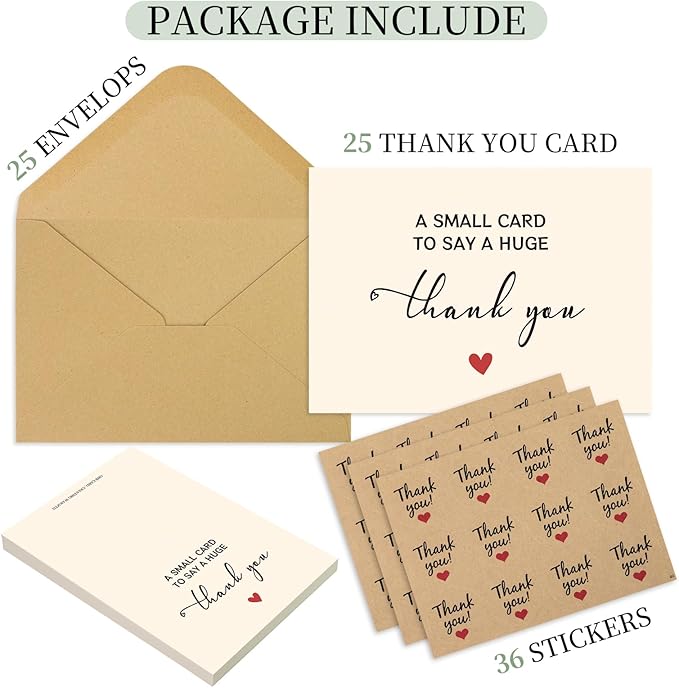 25 Pack 350GSM, Thank You Cards with Envelopes & Matching Stickers, Thank You Notes for Wedding, Business, Baby Shower, Small Business, Funeral, Graduation