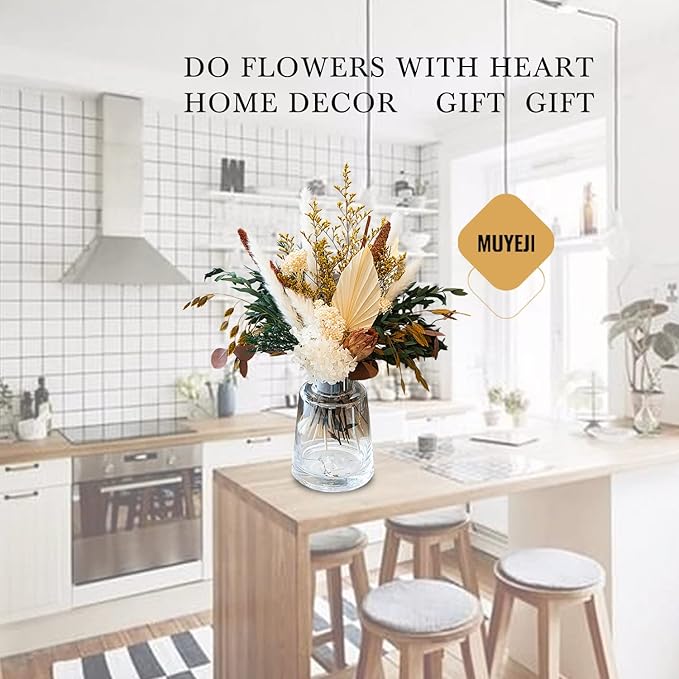 Natural Dried Flower Bouquet - Pampas Grass Decor, Fall Floral Arrangements with Eucalyptus, Plams, Hydrangea, Rustic Bouquet for Vase, Boho Table Centerpiece, Bohemia Home Wedding Decoration