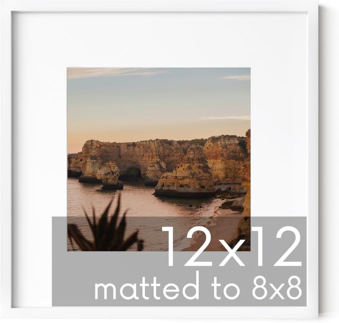 HAUS AND HUES 12x12 White Metal Frame Matted to 8x8 - Premium Aluminum & Hanging Hardware, Shatterproof Plexiglass - Ideal for Home, Room, Office (12x12 in, White, Set of 1)