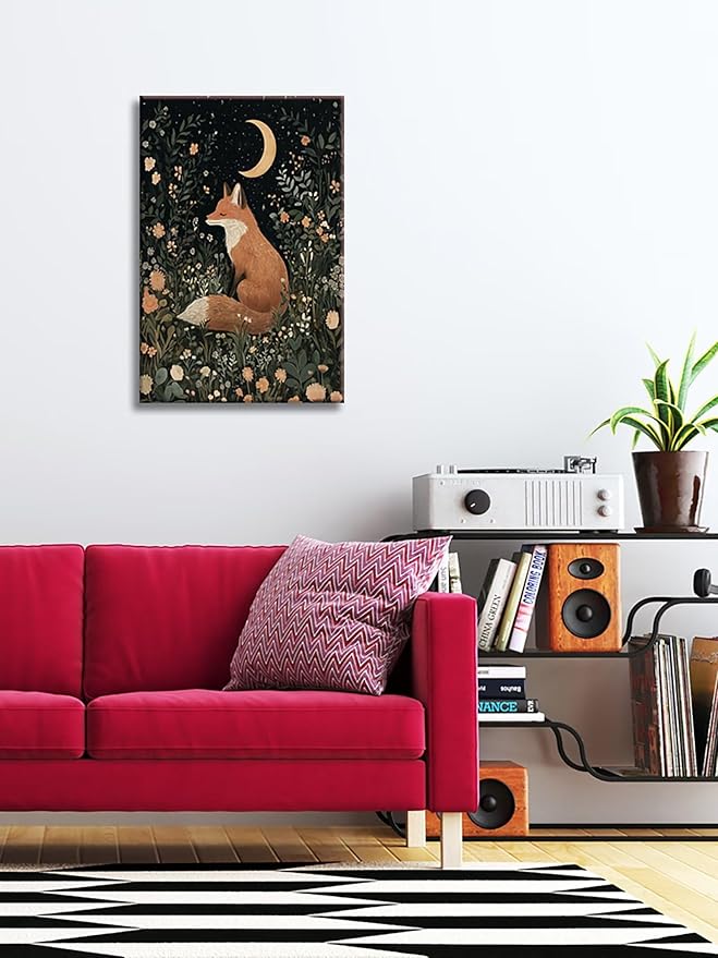 Fairytale Dreamy Fox Wall Art Vintage Moonlit Forest Floral Plant Night Canvas Poster Print Whimsical Nature Aesthetic Picture Decor for Nursery Living Room Bedroom Office 12x16inch Framed