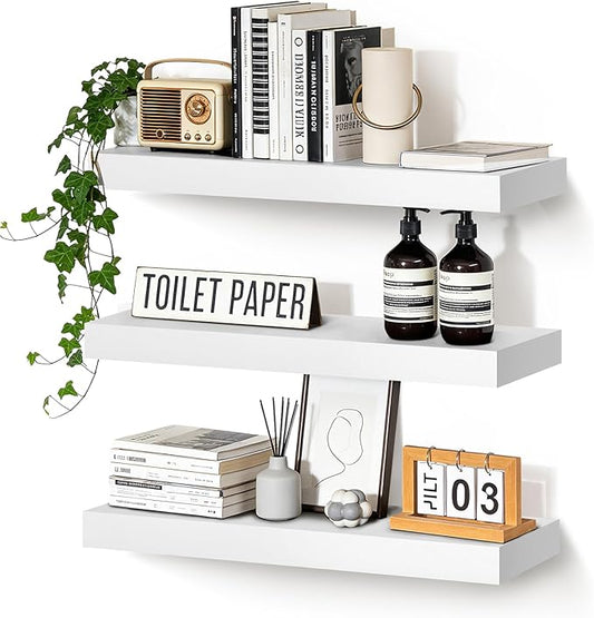Floating Wall Shelves 24x6.8x1.7 Inch – Solid Wood Rustic Shelves in White Finish – Wall Mounted Display Shelf for Bathroom, Kitchen, Bedroom – Set of 3