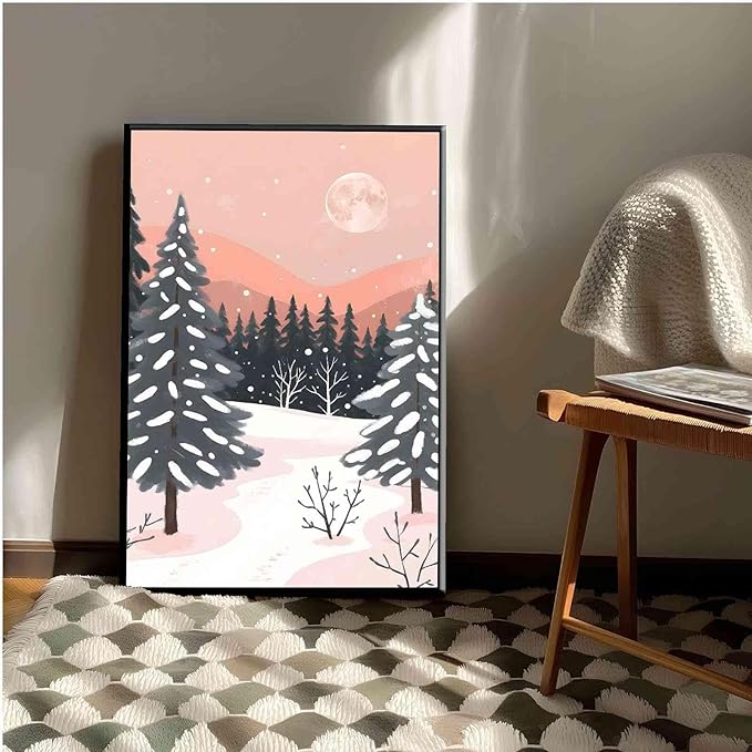 Framed Canvas Wall Art serene winter landscape art print Christmas snow cosy winter's day 24x36in Metal blackFramed