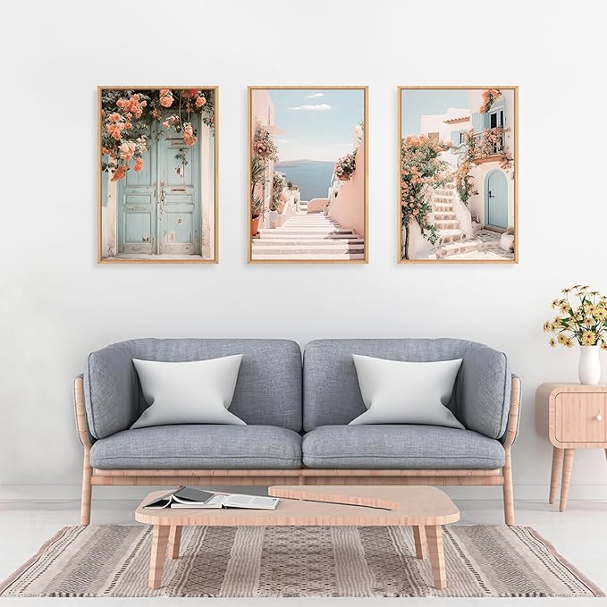 KAIRNE Italy Coast Cityscape Framed Canvas Wall Art Set, Neutral Italian Countryside Wall Decor, Aegean Santorini Landscape Wall Painting, Florida Beach Art Prints for Living Room, Bedroom 16"x24"x3