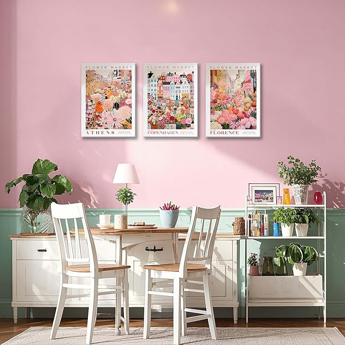 XLARTMY Flower Market Wall Art Print Canvas Framed Pink Floral Paintings Colorful Botanical Sunflower Artwork Travel Poster for Decor Picture 3 pieces for Living Room Bedroom Bathroom 12x16in