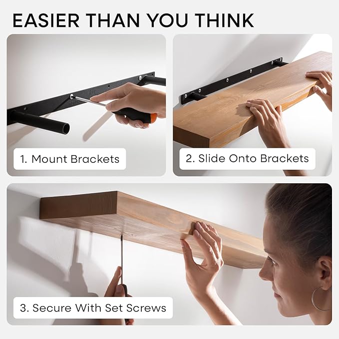 Homeforia 60 inch Golden Oak Floating Shelf, High End Solid Real Wood 60inch Small Floating Shelves for Wall Mounted, Oak Wooden 60in Floating Shelves, Heavy Duty Bracket, 60 X 6.5 X 1.75 in, Set of 3
