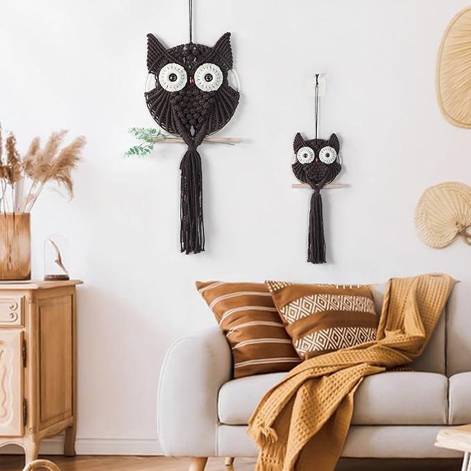 MVSUTA Owl Chocolate Cotton Handmade Macrame Wall Hanging Tapestry Home Decor Art and Bronze Craft Wonderful Decoration Woven Boho Ornament for Office Bedroom Apartment Living Room Nursery