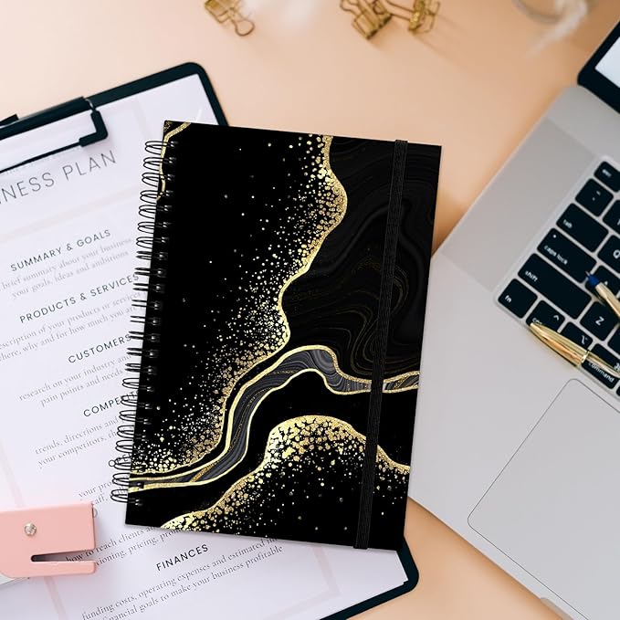 Spiral Notebook,Hardcover Journal Wide Ruled Spiral Notebook,A5 5.5 x 8.3 Inch,80GSM Thick Paper 60 Sheets 120 Pages for Girls Women School Office Aesthetic Cute-Black Marble