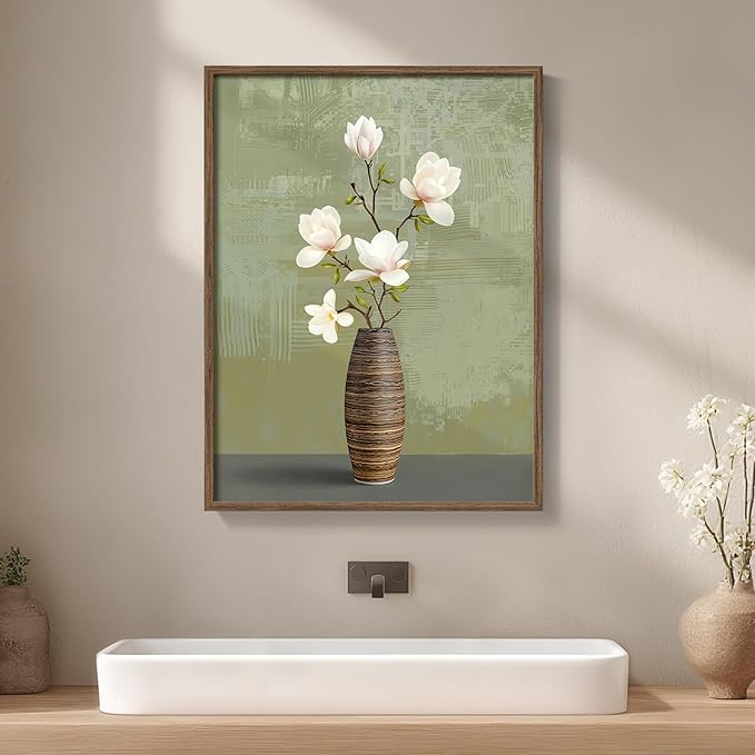 Framed Bathroom Floral Picture Wall Decor, Rustic Botanical Canvas Painting Print for Farmhouse Bathroom, Neutral Elegant Magnolia Green and White Flower Artwork for Bedroom Kitchen Home Decor, 12x16