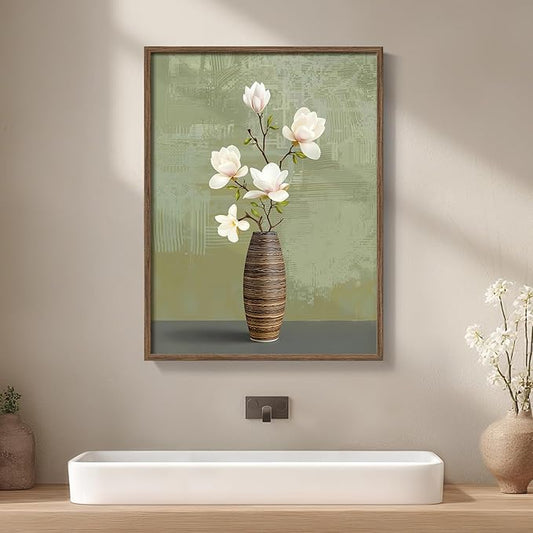 Framed Bathroom Floral Picture Wall Decor, Rustic Botanical Canvas Painting Print for Farmhouse Bathroom, Neutral Elegant Magnolia Green and White Flower Artwork for Bedroom Kitchen Home Decor, 12x16