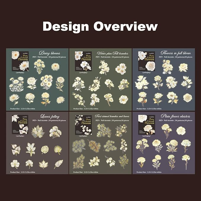 Floral PET Stickers – 60 Foil-Stamped Self-Adhesive Flower Designs Waterproof Transparent Stickers for Scrapbooking Journaling DIY Crafts and Decoration