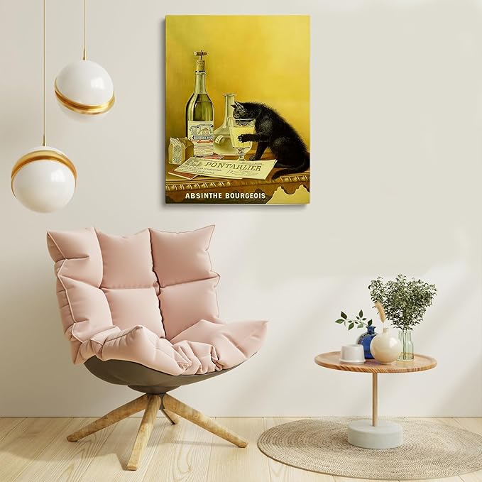 Black Cat Wall Art, Absinthe Print, Vintage Cat Alcohol Poster,Bar Wall Decor, Beverage Print Art, Large Art,Vintage Art For Bar,Vintage Bar Painting Print,Bar Cart Decor12x16 Framed
