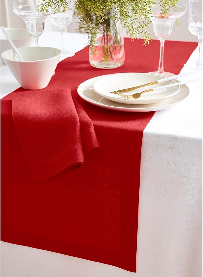 Solino Home Linen Red Table Runner 90 Inches Long - 100% Pure Linen 14 x 90 Inch Table Runner for Dining, Valentines, Winter - Sonoma