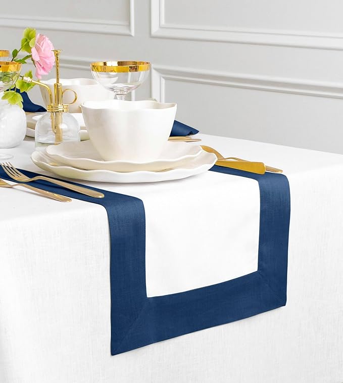 Solino Home Linen Table Runner 72 Inches Long - Indigo Blue and White 100% Pure Linen 14 x 72 Inch Table Runner for Dining, Winter - Contempo