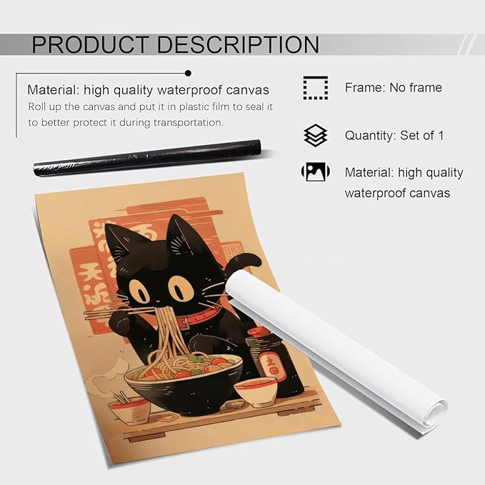 Noodle Black Cat Poster,Tonkine Cat Print,Edo Period Ramen Noodles Art,Ramen Stall Print,Vintage Ramen Print,Japan Black Cat Poster,Eating Hungry Cat For,Kitchen Wall Art16x24Unframed