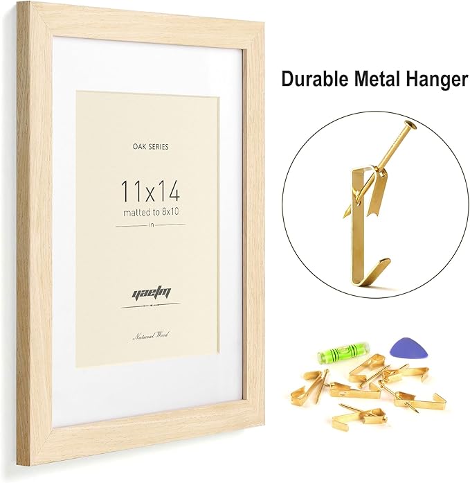 Yaetm 11x14 Oak Wood Picture Frame with Mat for 8x10 Set of 3, Wide Molding, Natural Solid Wood Frame 11x14 with Tempered Glass for Wall Mount (3 pack, Oak)