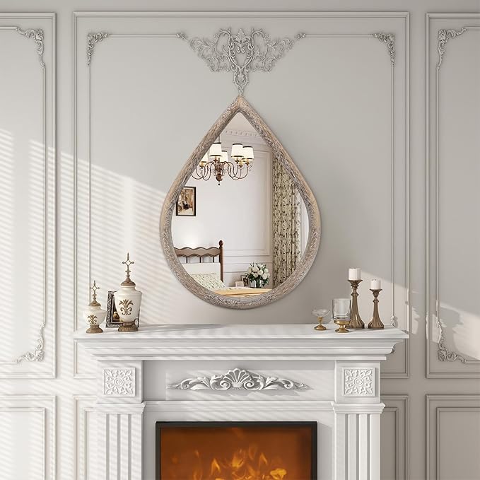 Teardrop Wall Mirror with Wood Framed Farmhouse Wall Hanging Mirrors for Wall Decor Irregular Decorative Mirror for Bedroom Living Room Bathroom 16x20 Inches