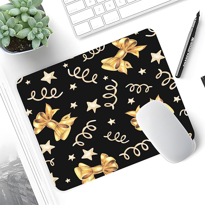 Seorsok Square Aesthetic Gold Bows and Golden Stars Mouse Mat,Premium Textured Mouse Pads for Office Laptop,Washable Square Mousepads with Extended Stitched Edges Non Slip Rubber Base,Black