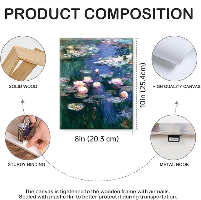 Monet Water Lilies Canvas Wall Art Print Vintage Lily pond Picture Painting Artwork Aesthetic Wall Decor for Home Farmhouse Living Room Bedroom 8x10 Framed