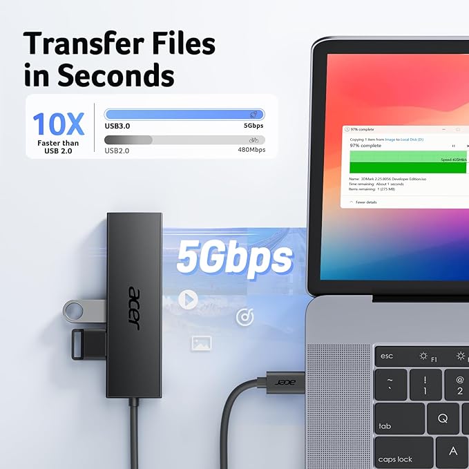 Acer USB C Hub 4 Ports, Multiple USB 3.0 Hub, USBC Splitter for Laptop with TypeC Power Port, Extender for Type C Port Laptop, PC, Desktop and More (USB-C, 2ft)