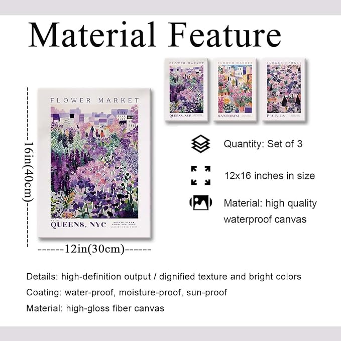 XLARTMY Flower Market Wall Art Prints Canvas Purple and Pink Floral Paintings Colorful Botanical Travel Flower Posters for Home Decor Pictures Set of 3 for Living Room Bedroom 12x16in