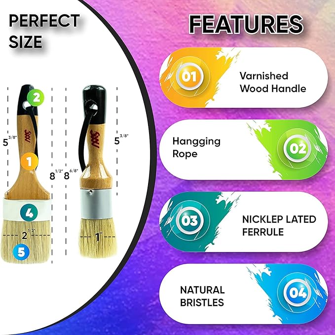 Chalk Paint Brushes Set, Pack of 2 Wax Brush - 2.5 Inches Large, Natural Bristles, Perfect for Furniture Painting, Stencils, Waxing - No Shedding, Superior Paint Pick-Up & Release
