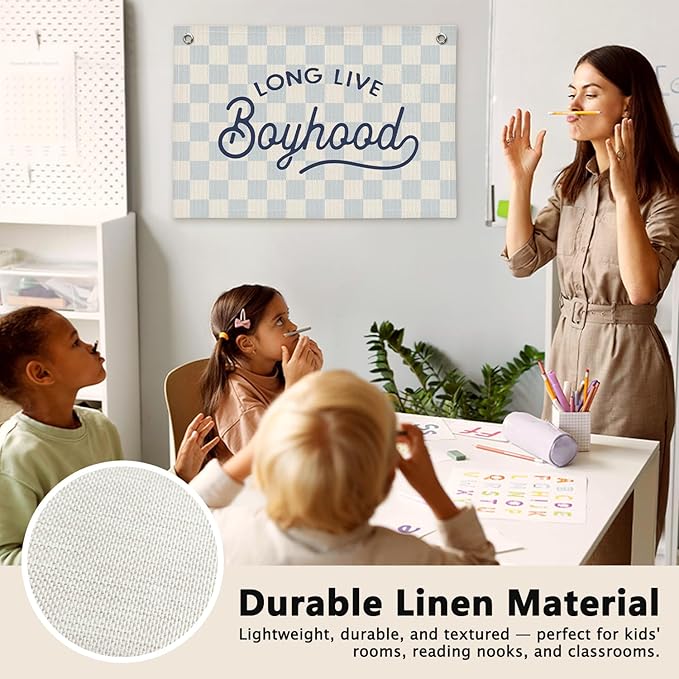 Long Live Boyhood Blue Checkered Boys Room Decor - Linen Banner Wall Hanging Canvas Banner Flag Decor for Toddler Boy Bedroom Nursery Playroom