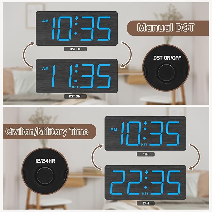 DreamSky Wooden Digital Alarm Clock for Bedroom - Desk Clocks for Living Room with Large Numbers, Dimmer, Loud Alarm for Heavy Sleepers with Volume Control, DST, Office Wood Decor (Plug in Clock)