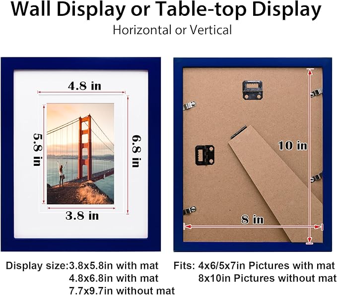 KINLINK 8x10 Picture Frame Navy, Solid Wood Frames with Acrylic Plexiglass for Pictures 4x6/5x7 with Mat or 8x10 without Mat, Tabletop and Wall Display Photo Frame, Set of 4