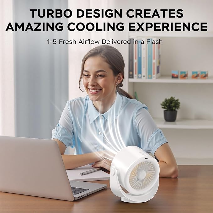 MORECORE Desk Fans for Bedroom, Strong Airflow Turbo Quiet Small USB Fan, 17hrs Running, 360° Rotate & 5 Speeds, 4000mAh Battery Operated Portable Fan with LED Display for Home Office Desktop-White