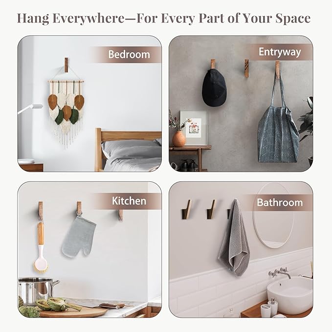 4Pcs Wooden Hooks for Hanging - Dark Walnut Coat Style, Cute & Funky Practical Design, Decorative Boho Towel Hooks, Suitable for Entryway, Bathroom, Kitchen, Holds Hats, Backpacks, Jackets