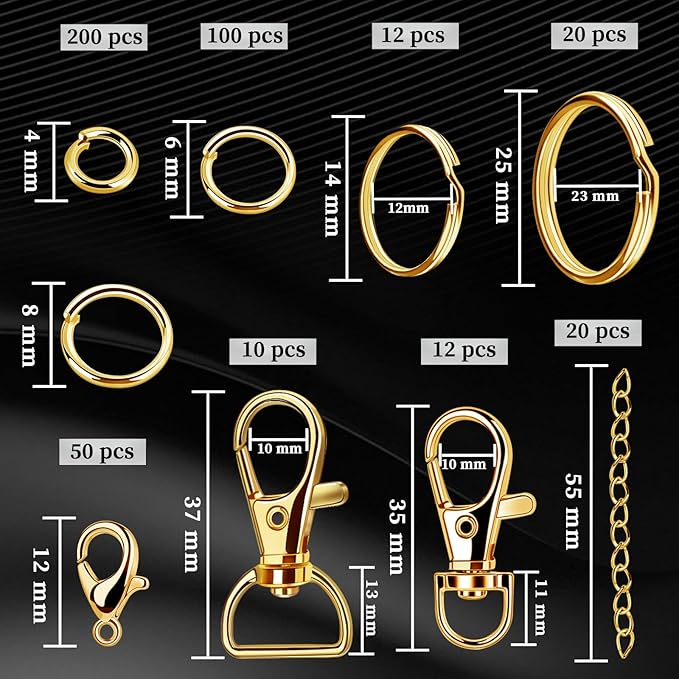 Teenitor 524PCS Key Chain Making Kit, Keychain Making Supplies Keychain Craft Supplies Key Chain Clips, Lanyard Snap Hooks, Key Rings and Jump Rings for Jewelry Lanyard Making, Gold