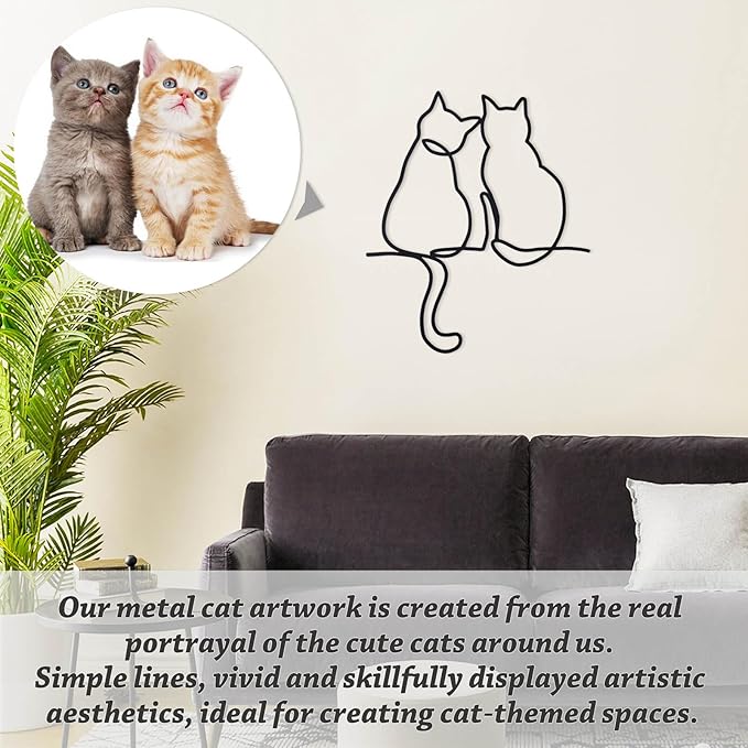 TYLCC Black Metal Cat Wall Decor Minimalist Abstract Cat Wall Art Line Drawing Art for Living Room Bedroom Decorations (Companionship)