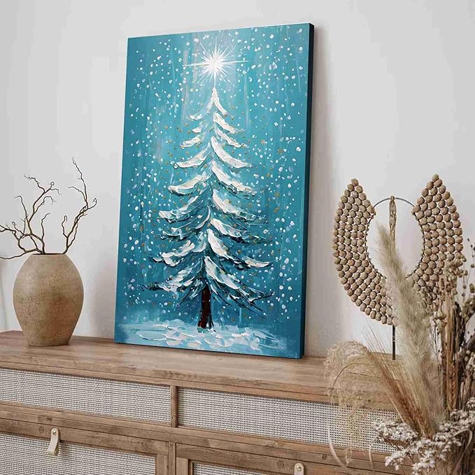 Framed Canvas Wall Art Blue Christmas Tree Print Merry Christmas Wall Decor Holiday Nature Gift Holiday Poster 12x18in Wood Framed