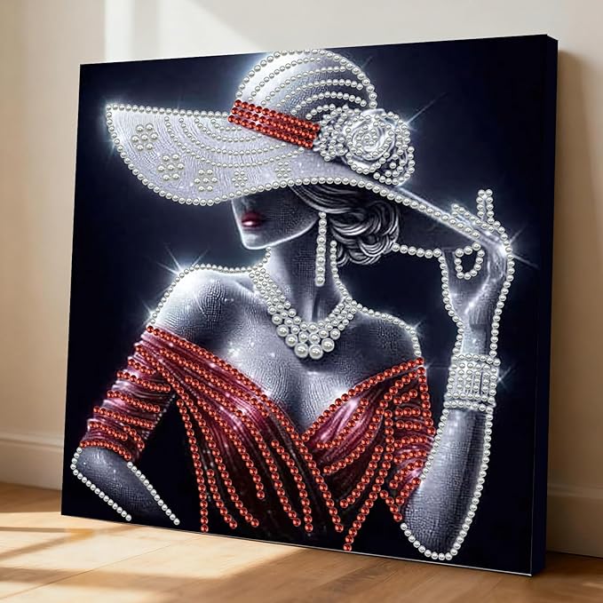 DIY Pearl Painting Kit with Wooden Frame, 3D Plastic Pearl Gemstone Ocean Art Craft for Adults Beginners, Diamond Art Kits for Adults, Home Wall Decor Ready Gift for Women(Woman in Red Dress)(30*30cm)